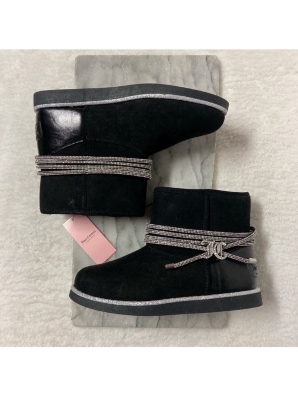 Juicy Couture Kandar Black Rhinestone Ankle Boots Size 6 Faux Fur Lined New